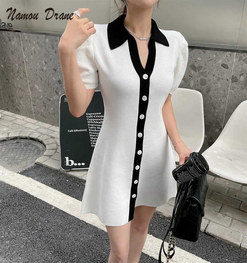 

Namou Drane 2022 New Summer Tutu Style Slimming Polo Neckline Waist Slimming Mid-length Frosted Silk Dress with Bubble Sleeves