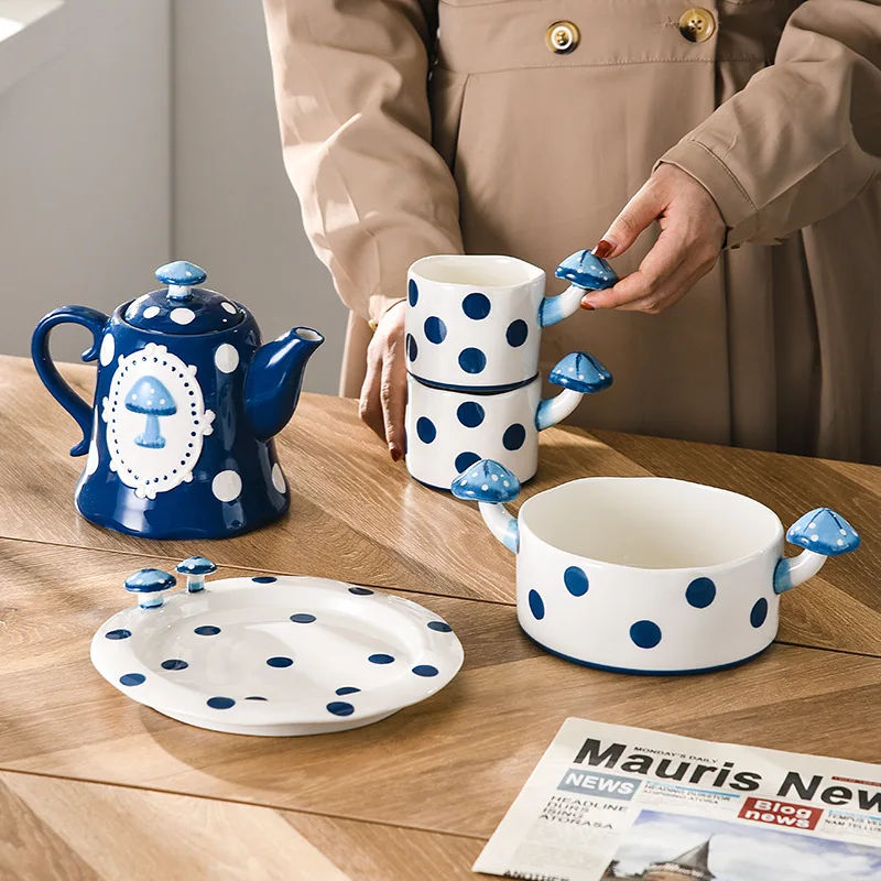 

Dark Blue Mushroom Cup Afternoon Tea Tableware Set Nice Cup Girl Heart Mug Grotesque Cup Plate Bowl