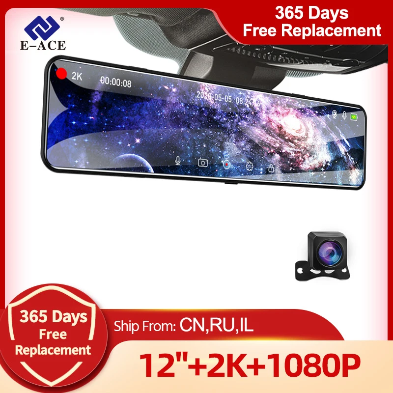 

E-ACE 11.28 Inch Dash Cam 2K Dual Lens Stream Media Car DVR Auto Registrar Video Recorder Dashcam Support 1080P Rear View Camera