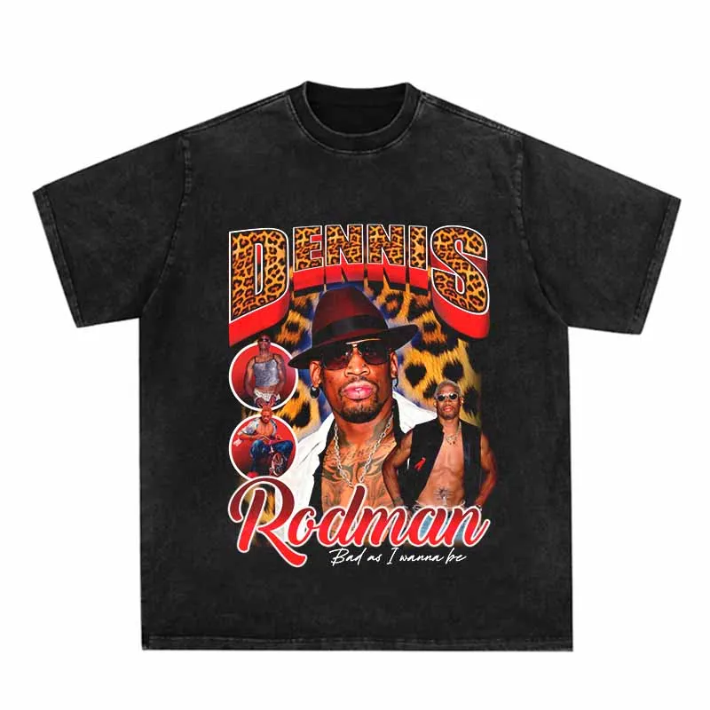 

Hip Hop Streetwear Washed Tops Tees 2023 Summer Fashion Dennis Rodman Portrait Print T Shirt Men Women Oversized T-shirt Cotton