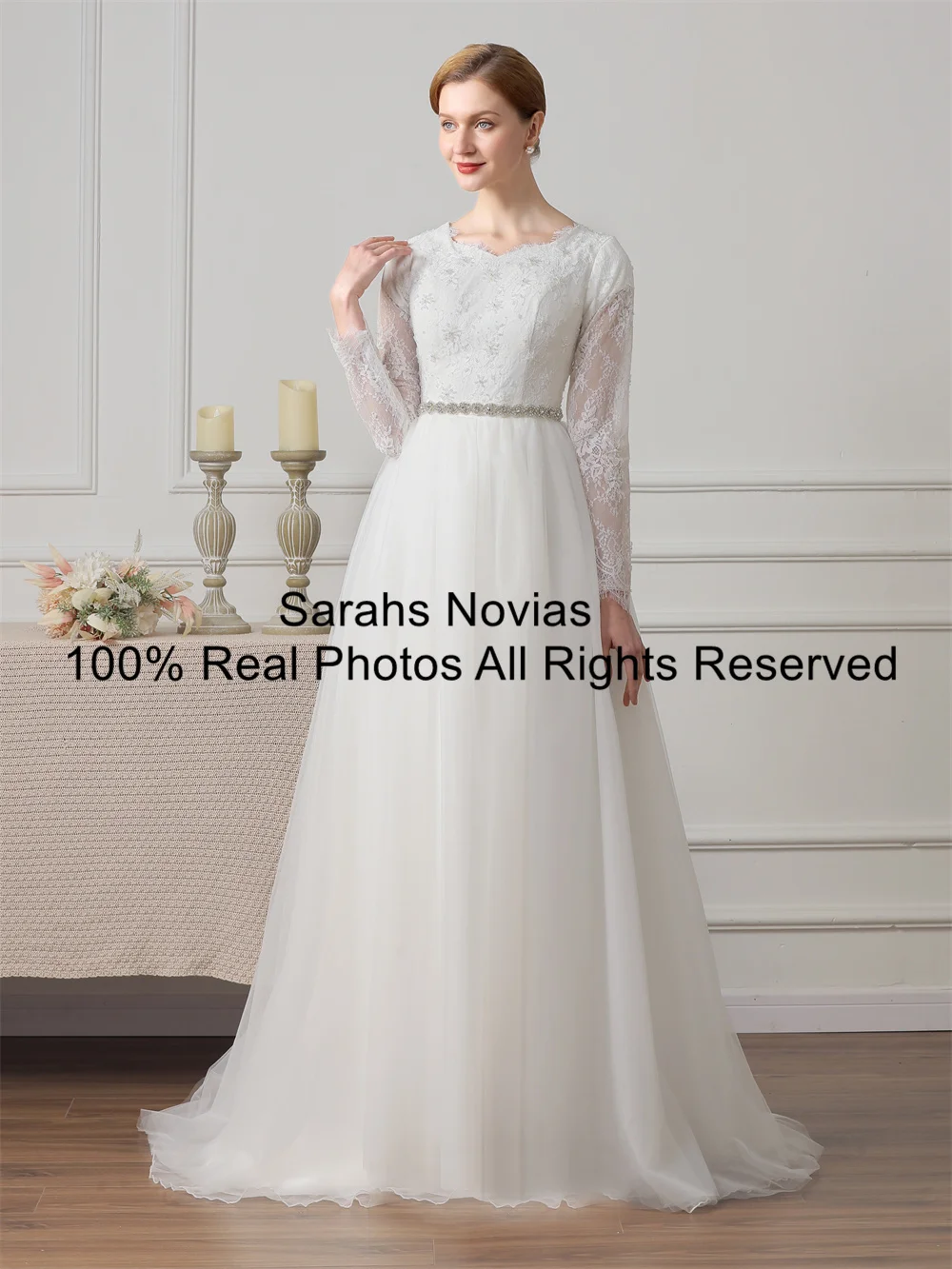 Скромные свадебные платья из кружева и тюля с длинными рукавами бисером