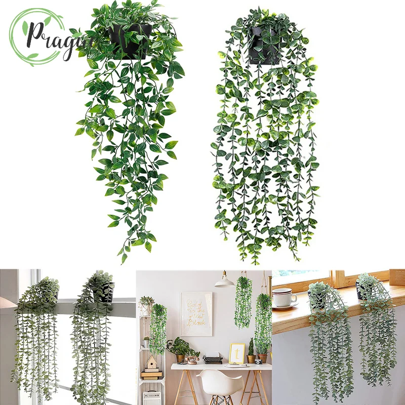 Artificial Eucalyptus Rattan Fake Hanging Plant Potted Green Plant Suitable Mandala Vine for Wall Room Home Interior Shelf Decor