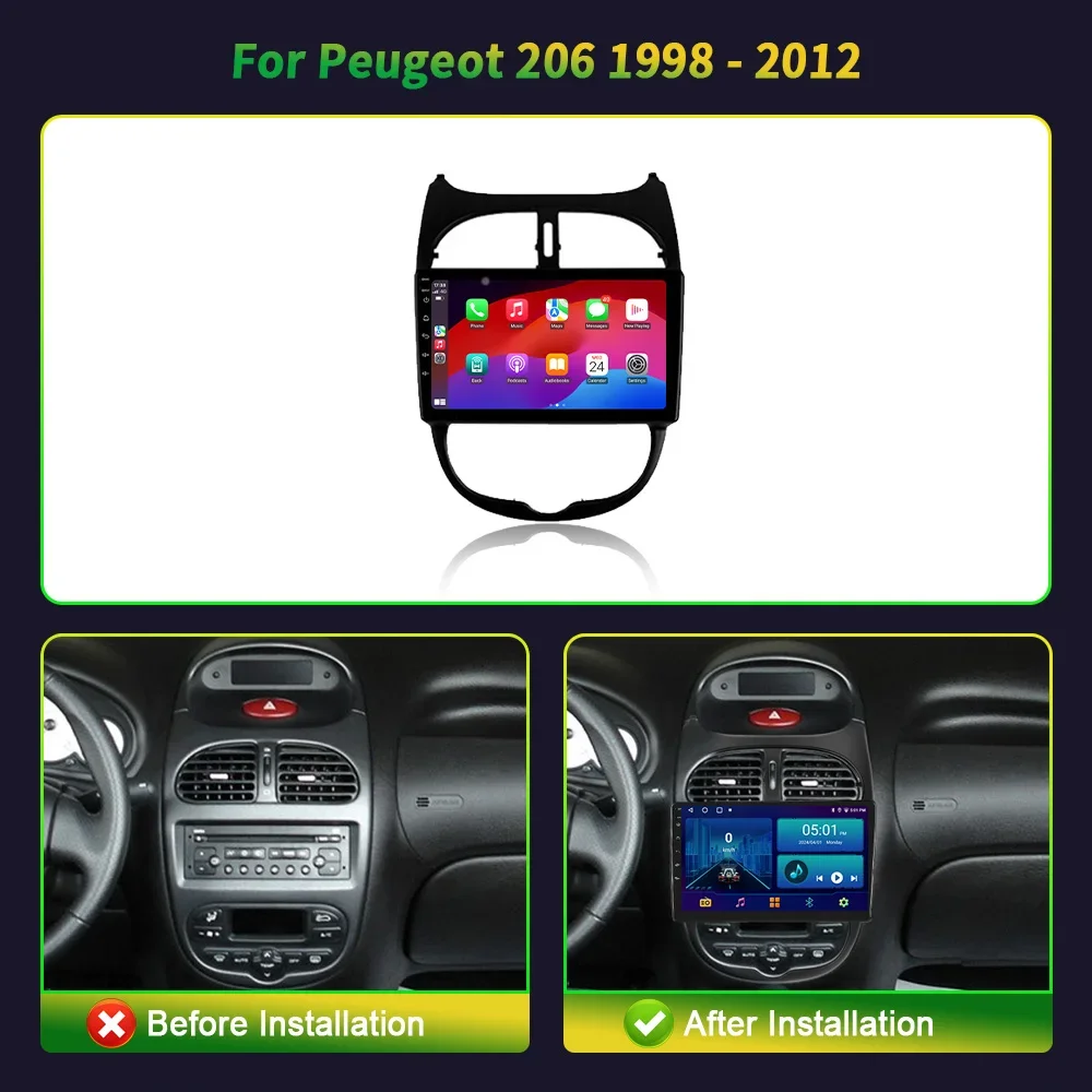 Автомобильный плеер Android 14 для Peugeot 206 1998-2012 авто радио автомобильный