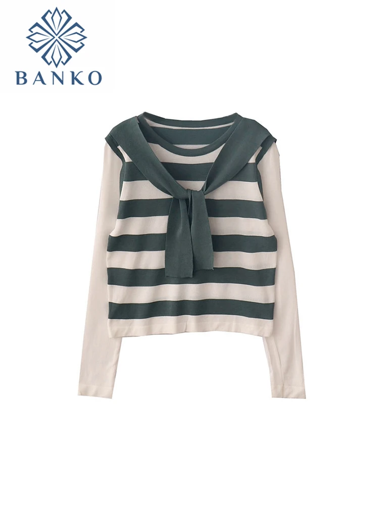 

Женские винтажные полосатые топы контрастных цветов, мешковатые блузки с круглым вырезом и длинным рукавом, на шнуровке, Осень-зима 2022