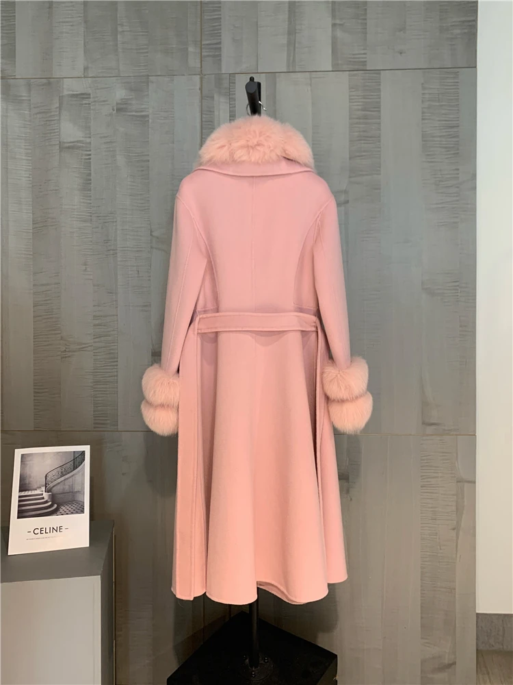 Women Winter Real Fur Coat X-long Woolen Jacket Cashmere Wool Blends Luxury Overcoat Belt Natural Fox Fur Collar Cuff Streetwear enlarge