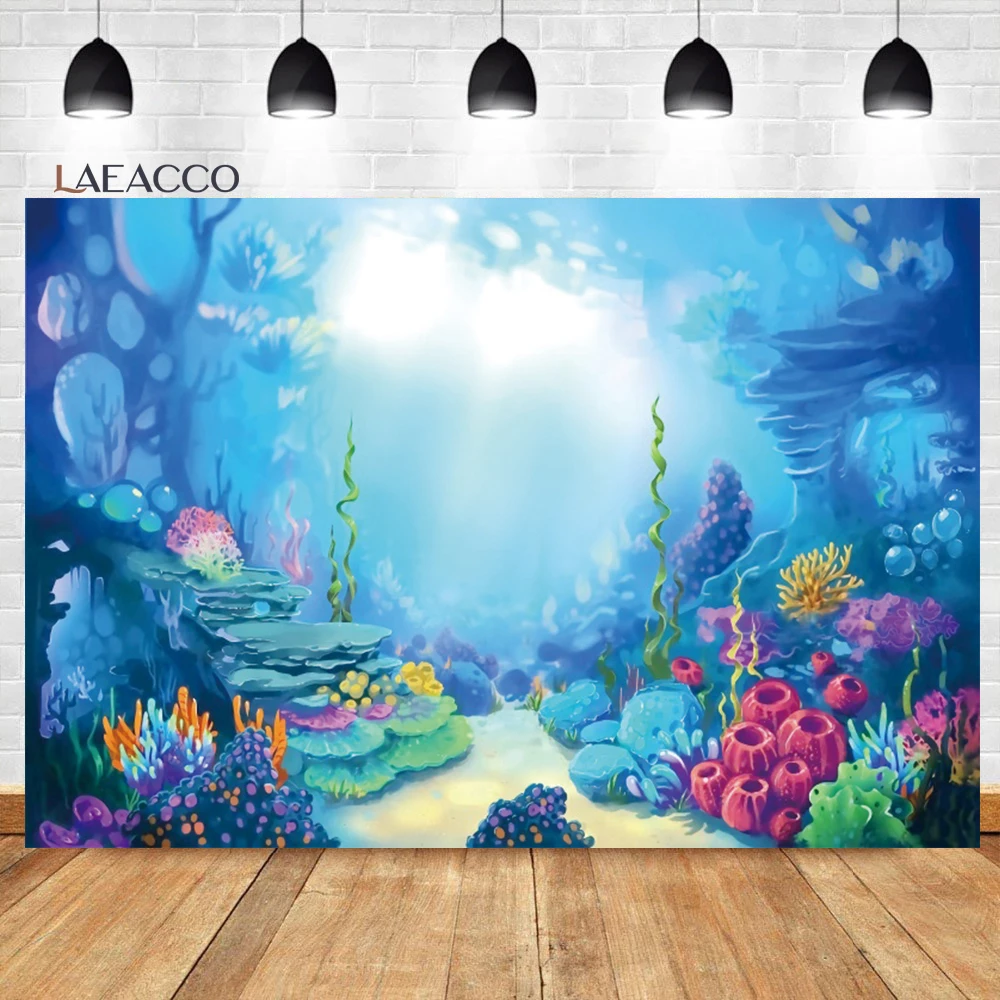 

Laeacco Cartoon Underwater World Colorful Torpical Coral Reef Backdrop Kids Birthday Baby Shower Portrait Photography Background