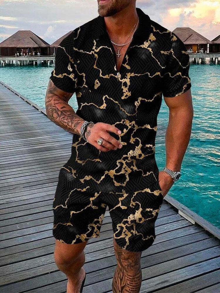 

Мужской спортивный костюм, Повседневная летняя рубашка-поло с коротким рукавом и шорты, комплект из двух предметов, Мужская одежда, уличная ...