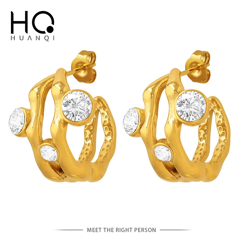 

HUANQI Fashion Double Layer Zircon Hoop Earrings for Women Girls Geometric Party Gold Color Vintage Jewelry 2023 New