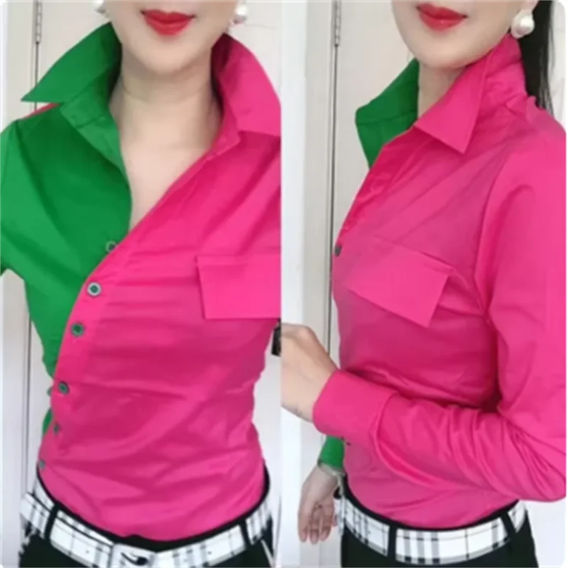Контрастная рубашка женские блузки тонкая лоскутный топ повседневная женская
