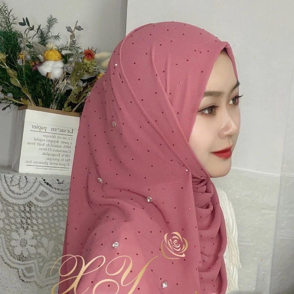 Women Rhinestone Hijabs Chiffon Muslim Headscarf Solid Color Shawls and Wraps Pashmina Stoles Female Hijab Plain Turban 2023