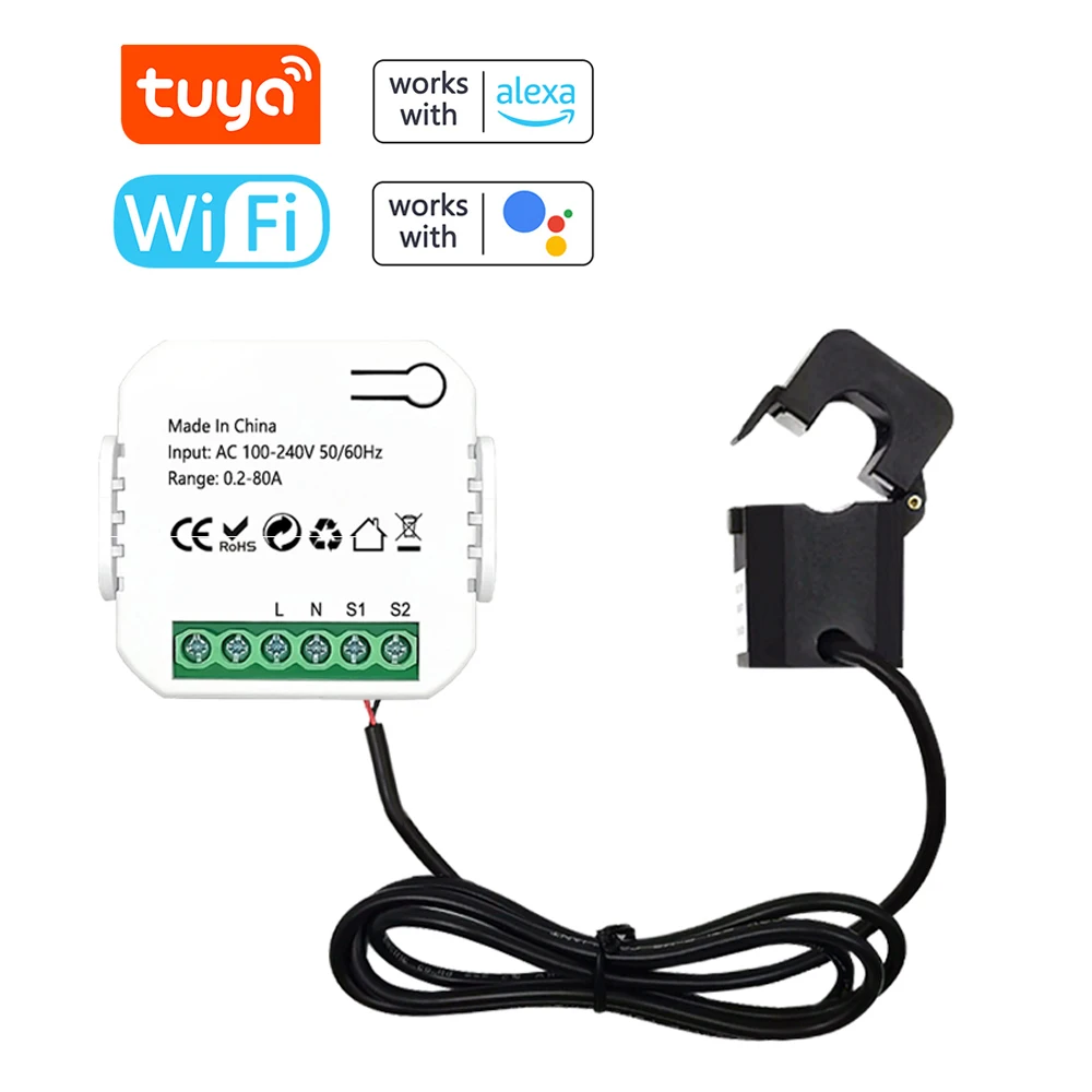 

Tuya Smart Life WiFi Energy Meter 80A with Clamp CT App KWh Power Consumption Monitor Electricity Statistics 110V 240V 50/60Hz