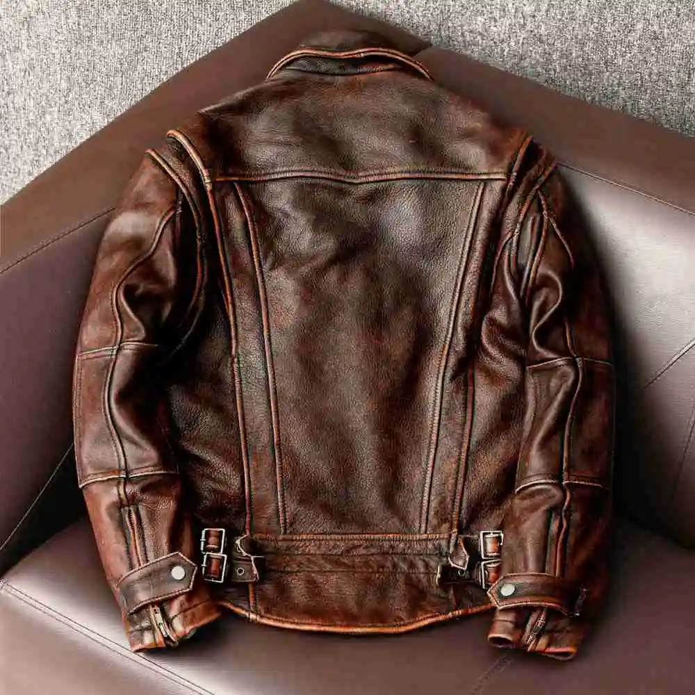 

2022 New style genuine Leather jacket Vintage Brown Cowhide Coat Men Slim Fashion Biker jacket Asian Size S-6XL