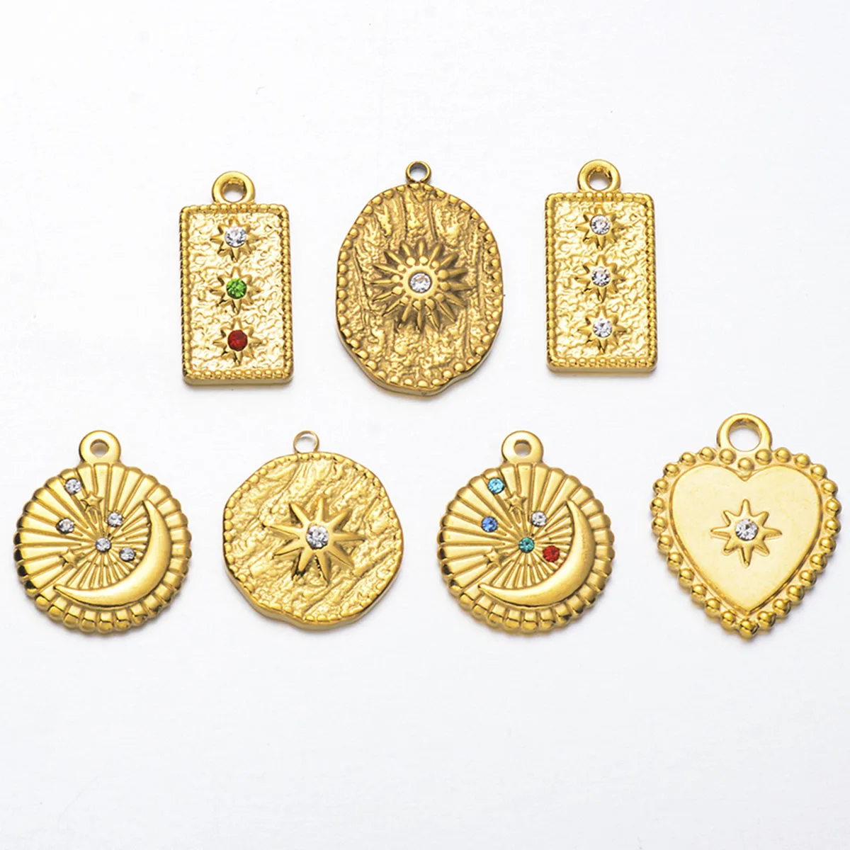 6pcs/lot Stainless Steel Gold Round Square Heart Rhinestones Pendant Charms for Necklace Findings DIY Jewelry Making Accessories