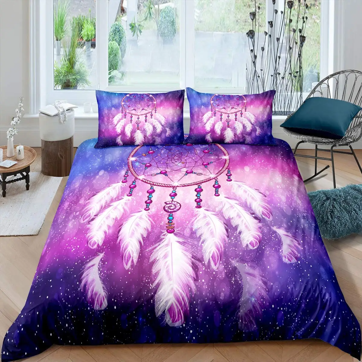 

Purple Dream Catcher Bedding Set Bohemian Feather Bed Linen Single Queen Full Size Adults Teens Duvet Cover Ethnic Style Bed Set