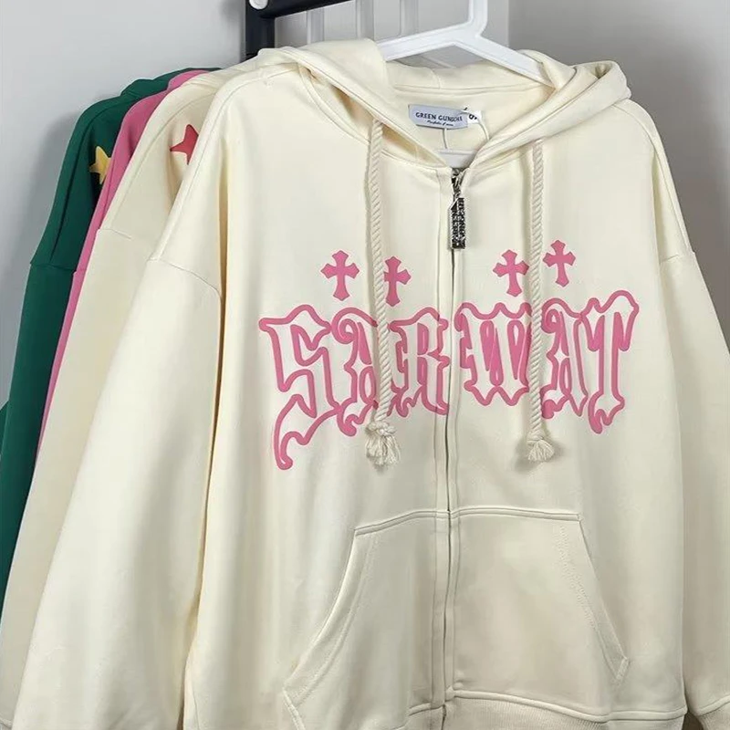 

Y2k Embroidery Hoodies Women Hoodies Women Hip Hop Y2k Clothes Zip Up High Street Coat Outwear Vintage Graffiti Loose Goth Punk