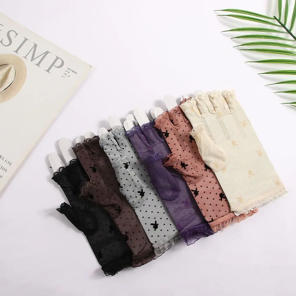 

Милые летние перчатки в стиле ретро с защитой от солнца, сетчатые перчатки без пальцев, кружевные перчатки, перчатки для вождения с узором в виде Головы Кролика