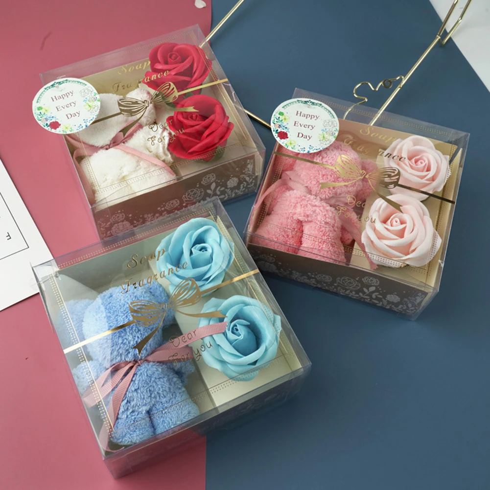 

Coral Fleece Bear Towel Soap Flower With Transparent Gift Box Business Holiday Christmas Wedding Gifts Bathroom Towels Set