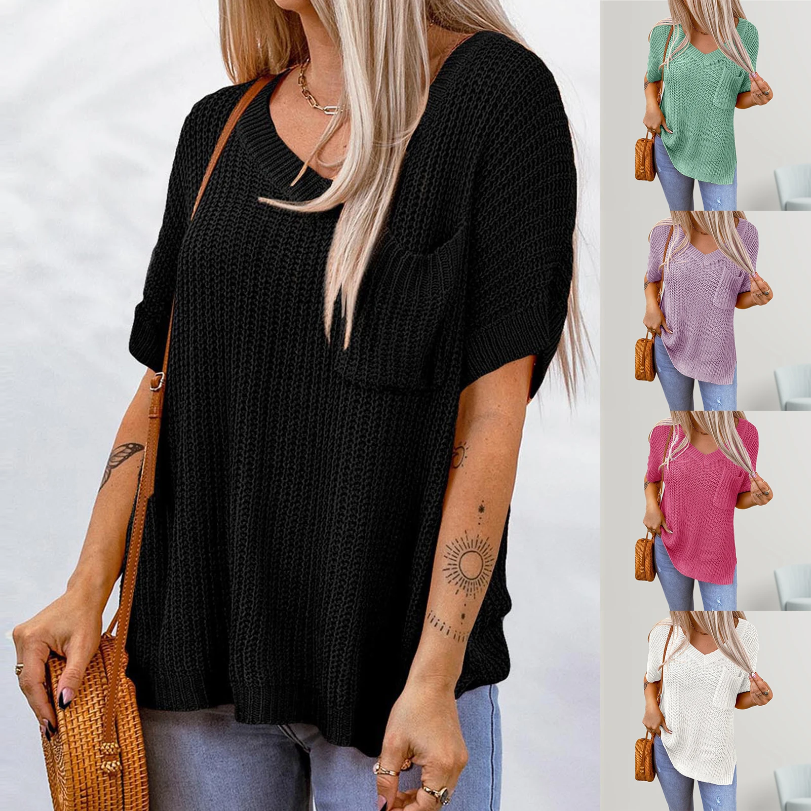 

Женский свитер, повседневные Летние Стильные однотонные футболки, свободный винтажный вязаный свитер, мягкая повседневная одежда