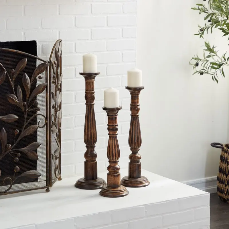 

POPTOP 3 Candle Brown Mango Wood Candle Holder, Set of 3