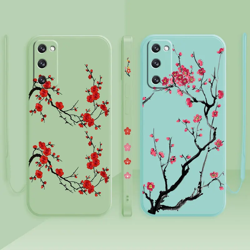 

Fashion Liquid Phone Case For Samsung Galaxy S20 S21 S22 FE S10 S9 S8 Lite S10e Note 20 Capa Red Flower Plum Blossom Wintersweet