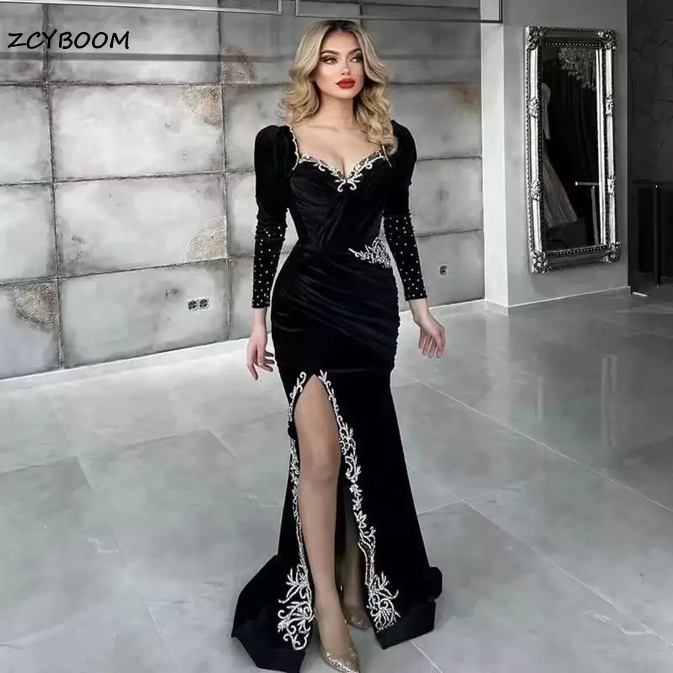 

Sexy Black Mermaid Evening Long Dresses Appliques Long Sleeves 2022 Prom Dress High Side Split Sweetheart Women Party Prom Gowns
