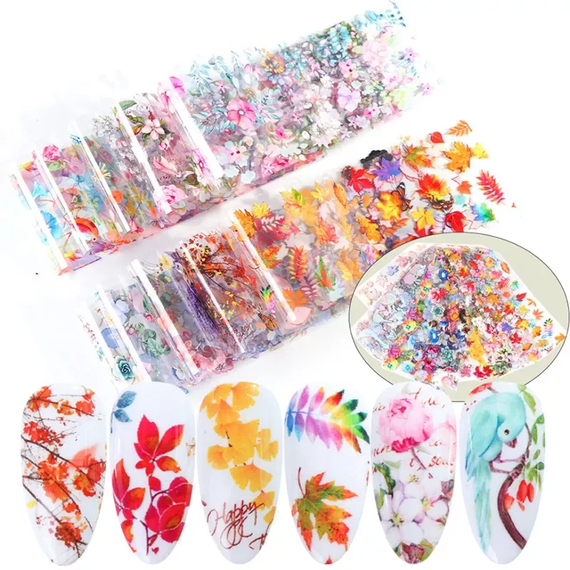 

NEW Flowery Nail Art Foil Nail Transfer Foil Decal Sticker Golden Autumn Flowers Maple Leaf Colorful Nail Art Sticker 10pcs