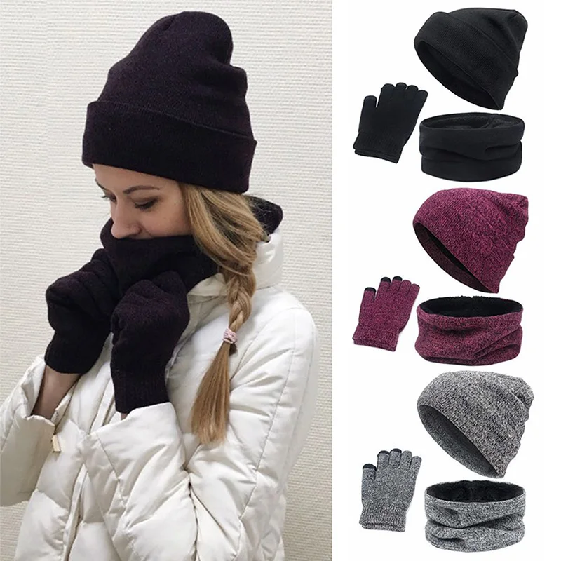 

Winter Beanie Hat Scarf Set For Women Men Knitted Outdoor Warm Scarf Hat Touch Screen Gloves Sets Skullies Beanies Hat Scarf Set