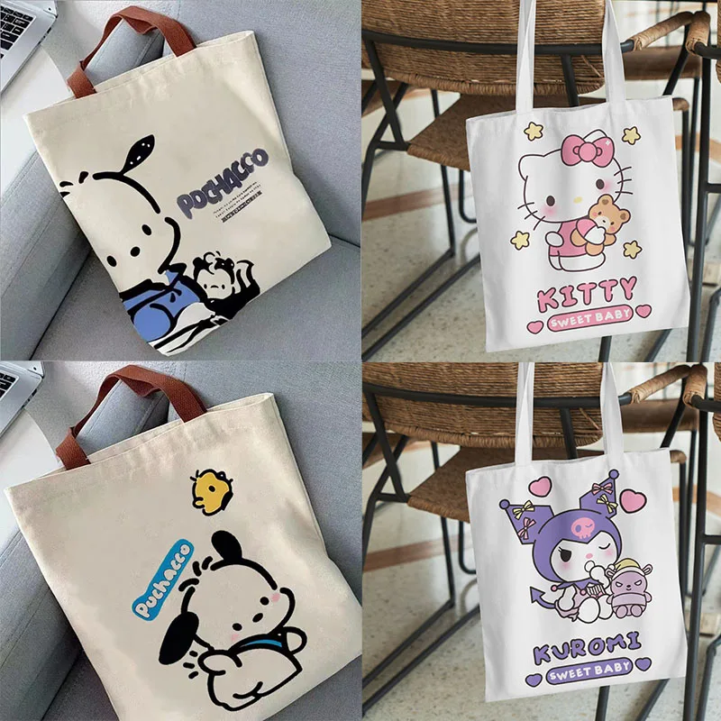 

Hello Kitty Sanrio Kawaii Shoulder Bag Summer Pochacco Kuromi Canvas Handbag Large Capacity Ladies Words Anime Storage Tous Bag
