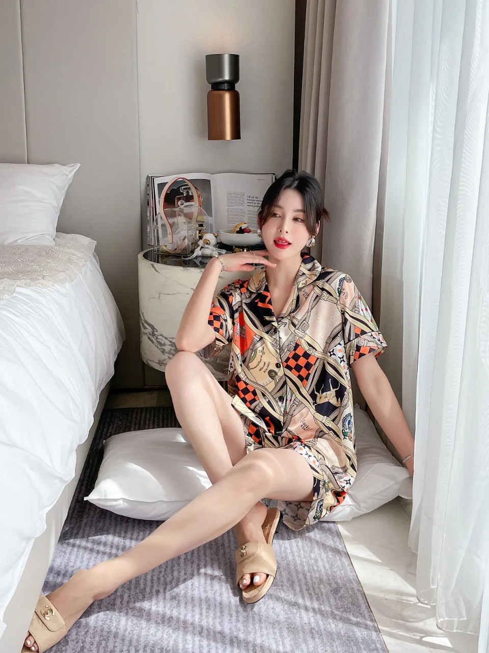 [Women's pajamas] [high-quality]New Pajamas Women's Summer Simulated Silk Fashion Printing Casual Comfortable Home Suit Set