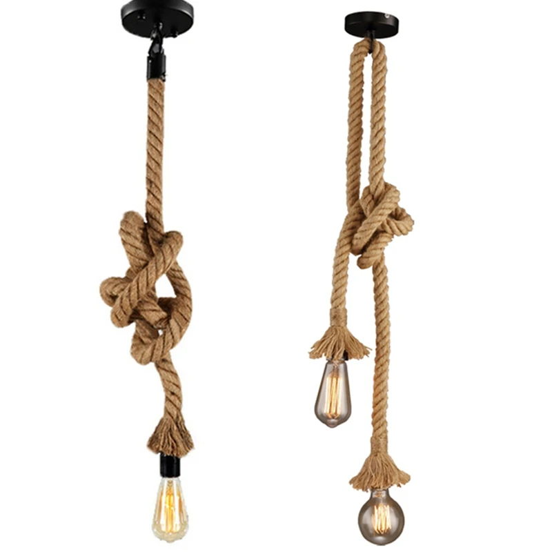 

HOT-Retro Hemp Rope Pendant Lights Industrial Loft Vintage Long Rattan Hanging Lamp Led Bulbs