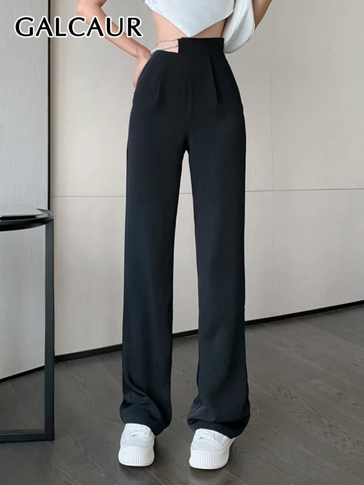 GALCAUR Asymmetrical Wide Leg Trouser For Women High Waist Straight Solid Long Trousers Female Spring 2023 Clothing Casual New