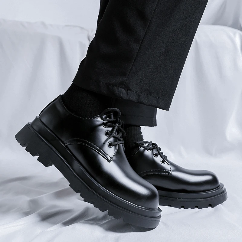 Мужские кожаные туфли на толстой подошве с круглым носком модные свадебные в