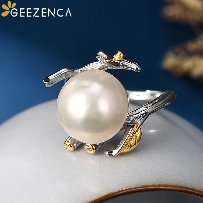 

GEEZENCA S925 Silver Gold Plated Leaf Natural Pearl Women's Ring Vintage Romantic Luxury Simple Surface Aging Process Rings Gift