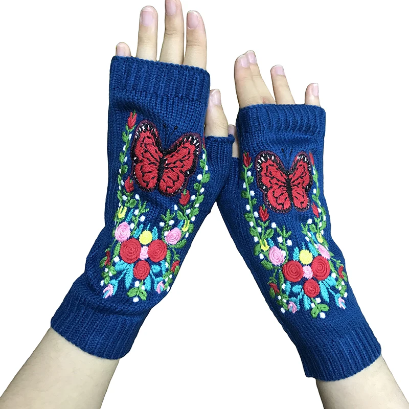 

Women Winter Warm Half Finger Gloves Embroidered Fingerless Mittens Y2k Girls Rabbit Arm Warmers Christmas Gloves