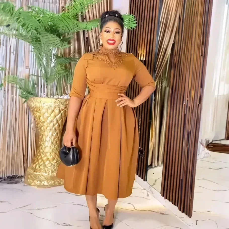 African Party Evening Dresses for Women Elegant 2024 Spring Half Sleeve Solid Color Midi Dress Dashiki Africa Clothing