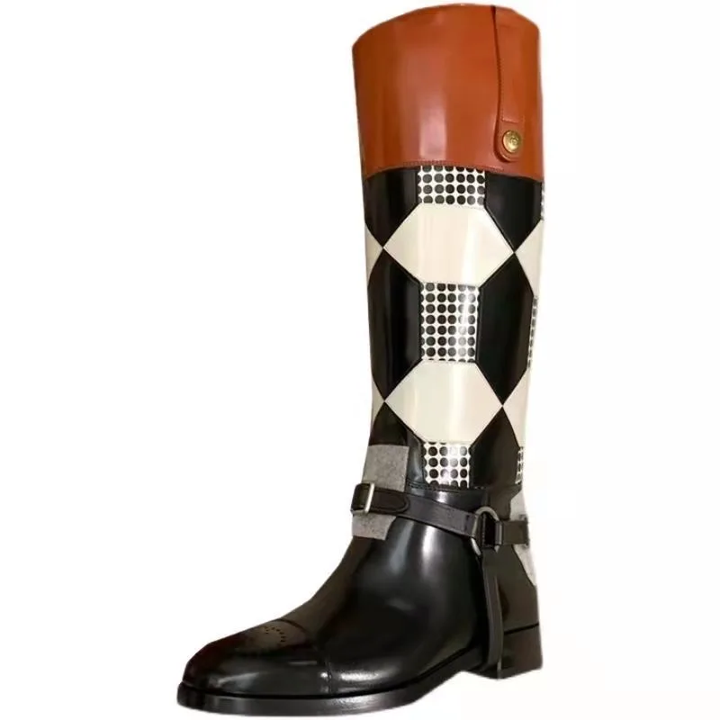 

(YYDD) Autumn Winter Round Toe Belt Buckle Knight Plaid Colored Retro High Heels Women‘s Boots Party Dress Cool Girls Size35-40