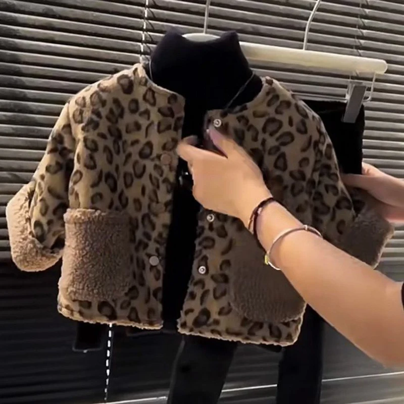 

Детское пальто с искусственным мехом, зимняя одежда с леопардовым принтом, бархатная Теплая стеганая куртка, пальто, зимняя одежда для девочек