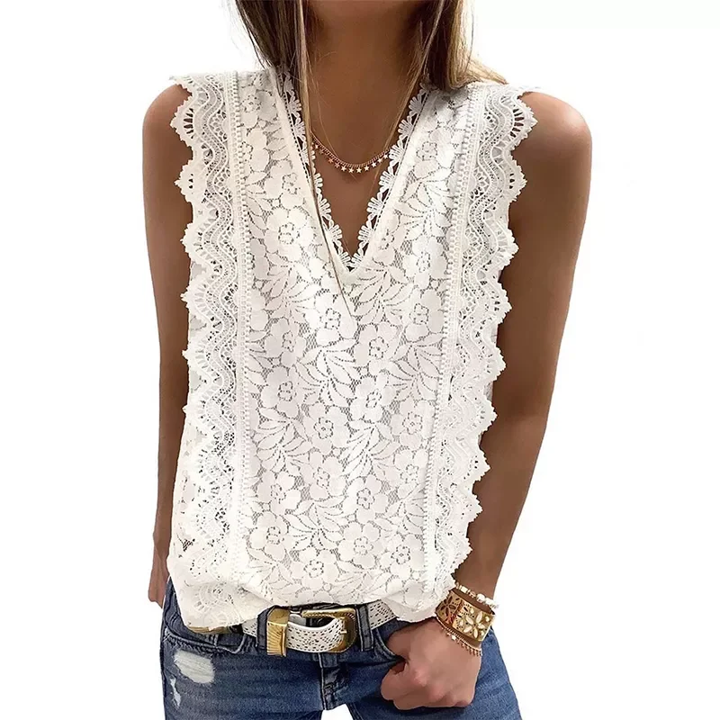 

Lace Sleeveless Solid T Shirt Women Fashion Sexy Shirt Hollow Party V-Neck Casual Shirt Tees Plus Size Hot Tanks Top
