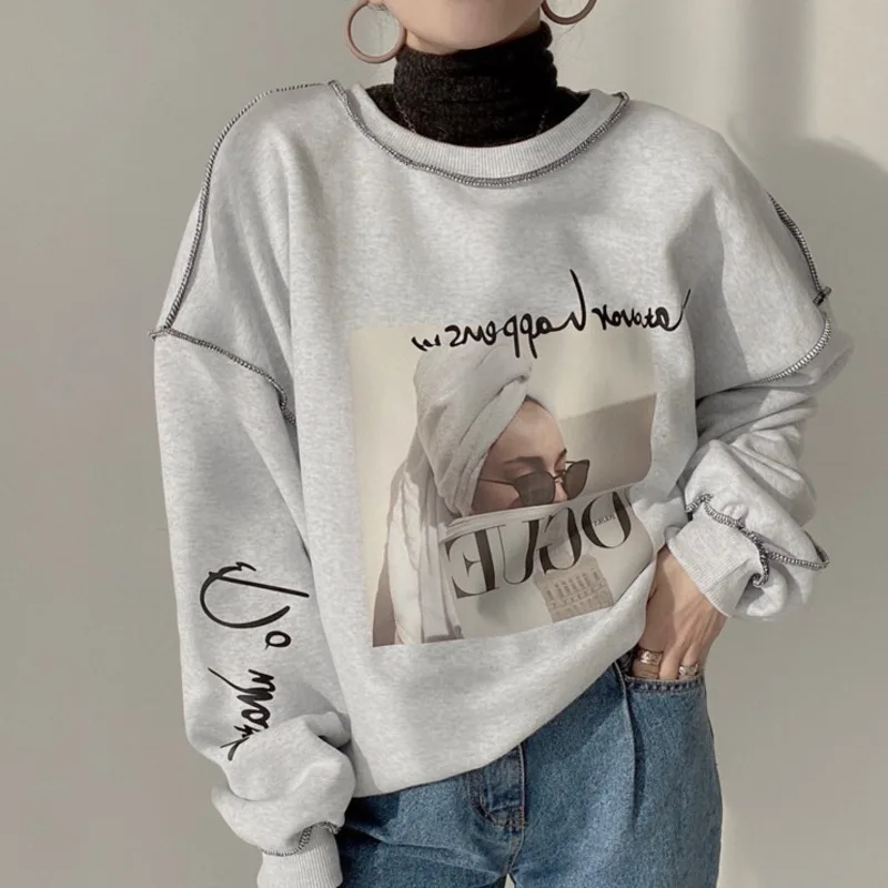 

Rachel Casual Sweatshirt Korean Chic Autumn Wild O Neck Character Printing Loose Leisure Hooded Long-sleeved Hoodies Female