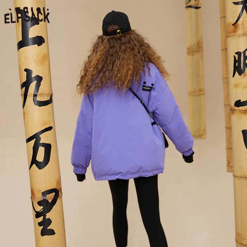 ELFSACK Purple Cargo Coats Warm Down Jackets Women 2022 Winter Loose Mid-length Coats