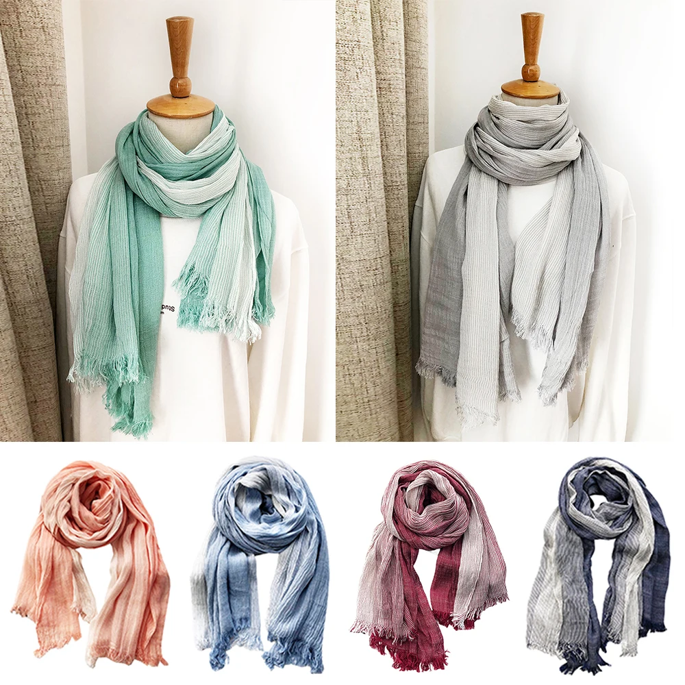 

Autumn Cotton Blend Striped Crinkle Scarves Women Soft Tassel Gradient Color Shawls Scarf New Casual Wrinkled Large Size Wraps