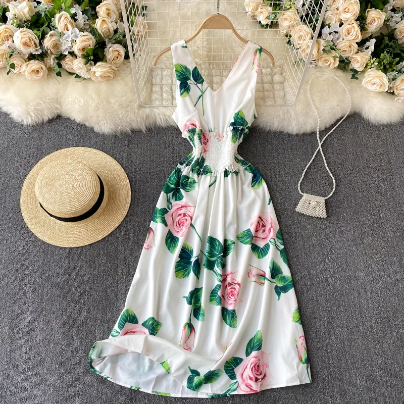 

Spring Summer Sleeveless Dress Women's V Neck Floral Print Long Dresses