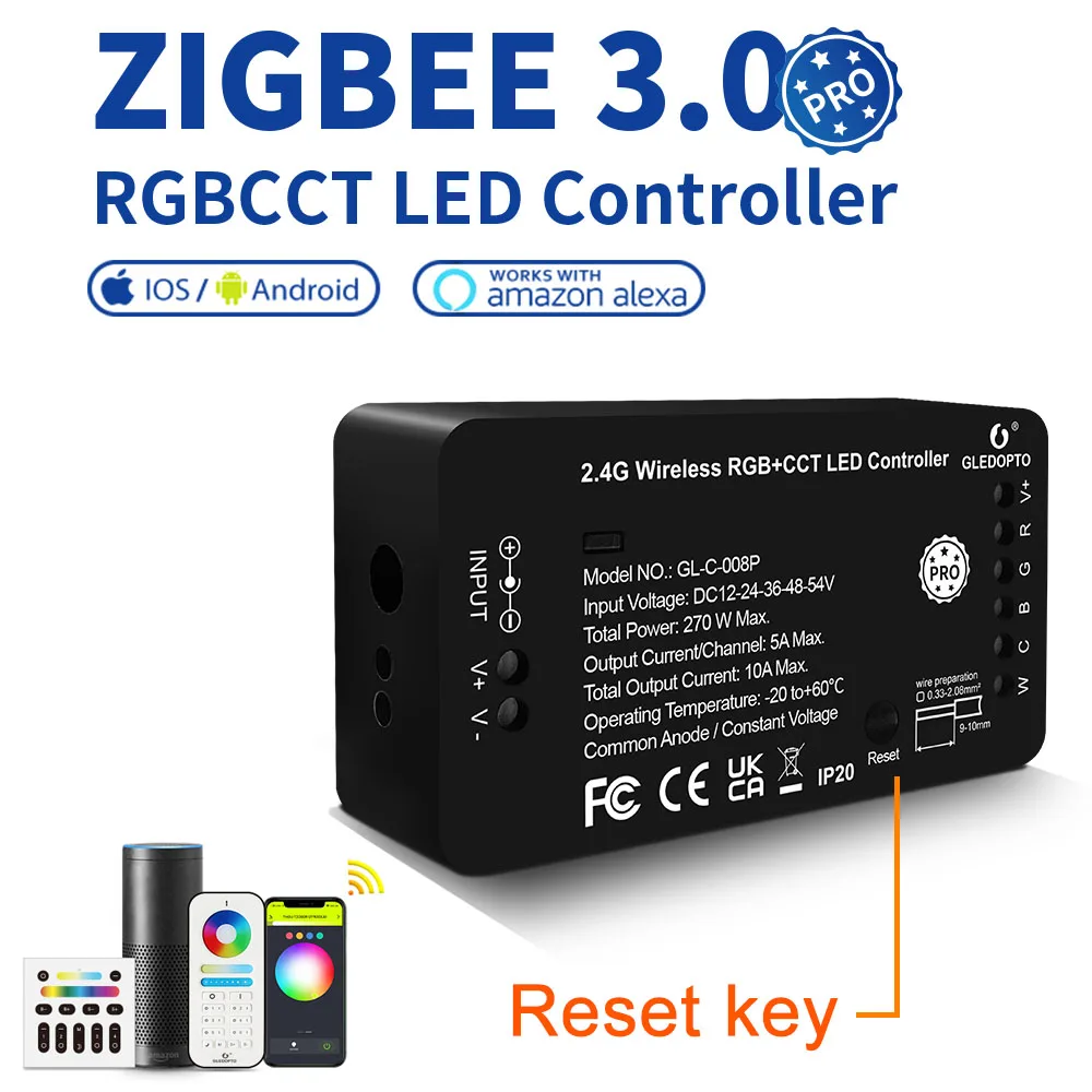 

GLEDOPTO RGBCCT Zigbee 3.0 LED Strip Controller Reset Key Pro Work with Tuya Smart Life SmartThings App Voice RF Remote Switch