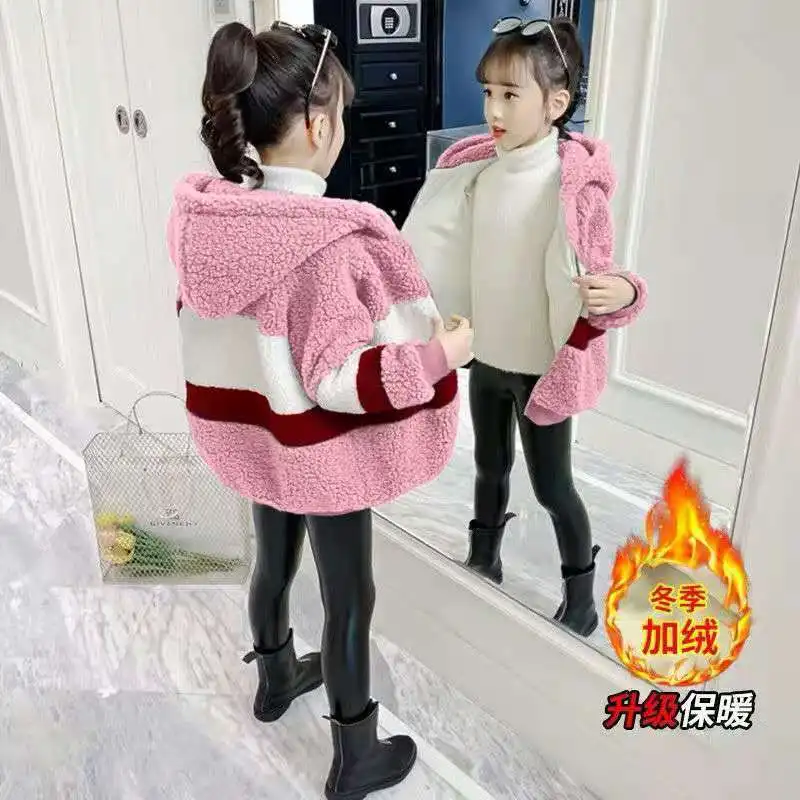 

Kid Clothes for Girls Fashion New Hooded Coat Teens Clothing Plus Velvet Thickened Patchwork Outerwear Lamb Wool Warm Top 4-14 Y