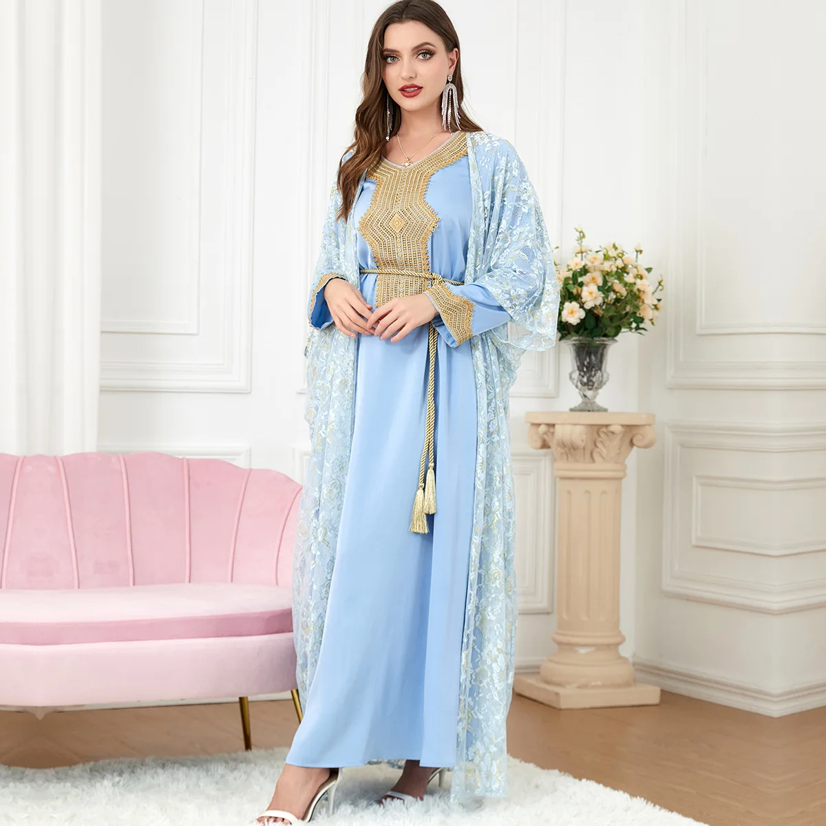 Turkey Muslim Sets Women 2 Piece Abaya Set Ladies Stain Lace Hook Flower Cardigan Abayas Belted Kaftan Dress Dubai Turkey Arabic