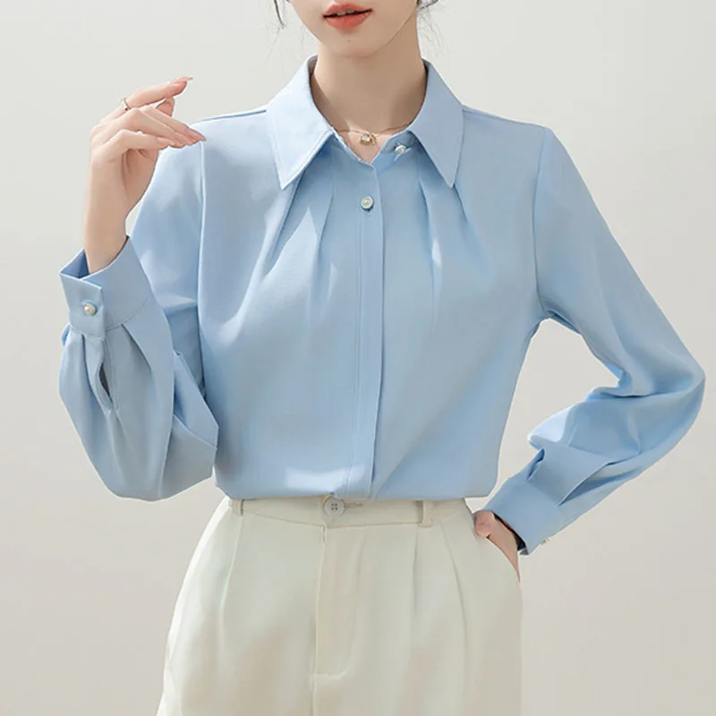 Офисная женская рубашка с длинным рукавом и отложным воротником белая блузка