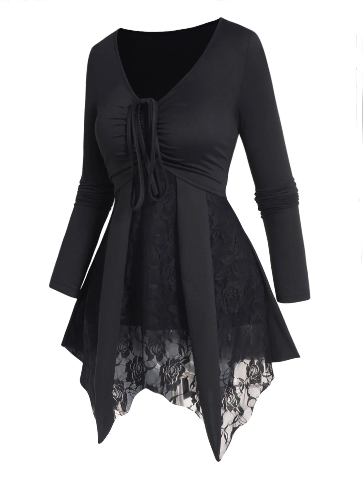 

Dressfo Plain Black Color Top See Thru Flower Lace Panel Cinched Full Sleeve Asymmetrical Long Top For Women Spring New