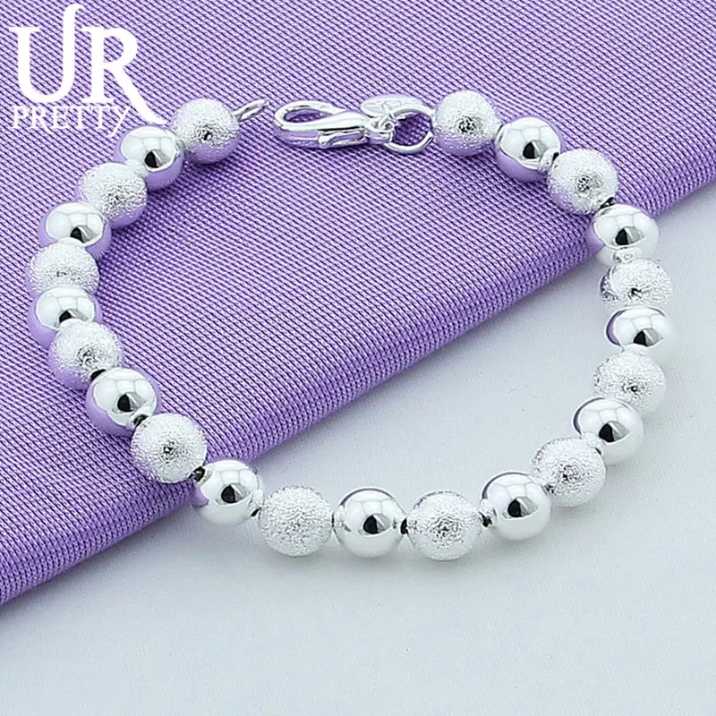 

URPRETTY 925 Sterling Silver 8mm Smooth Frosted Round Beads Chain Bracelet For Women Wedding Party Engagement Charm Jewelry