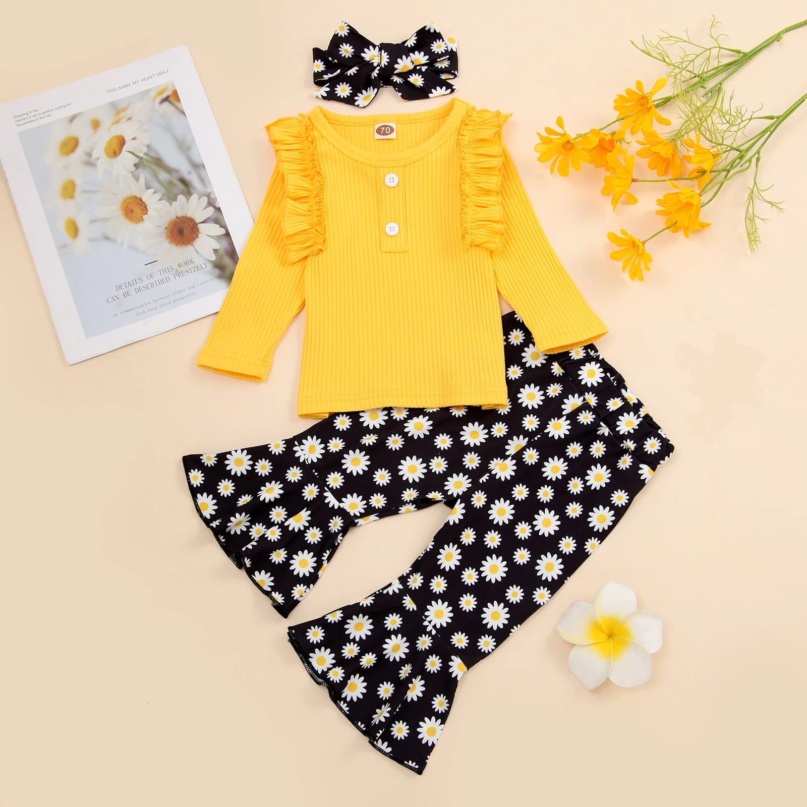 

0-24 Months Infant Girls 3pcs Outfits, Long Sleeve Solid Color Round Neck Ruffles Pullover + Daisy Print Trousers + Bow Headband