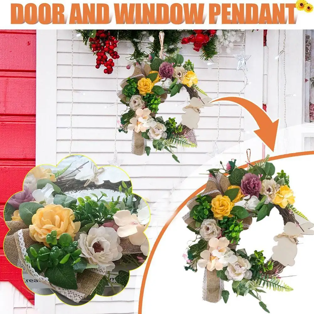 

Пасхальный цветочный счастливый Пасхальный весенний венок с кроликом, пасхальный домашний декор, венок с передним орнаментом, праздничные аксессуары